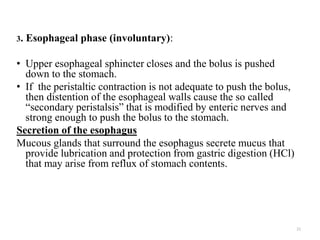 3. Esophageal phase (involuntary):
• Upper esophageal sphincter closes and the bolus is pushed
down to the stomach.
• If the peristaltic contraction is not adequate to push the bolus,
then distention of the esophageal walls cause the so called
“secondary peristalsis” that is modified by enteric nerves and
strong enough to push the bolus to the stomach.
Secretion of the esophagus
Mucous glands that surround the esophagus secrete mucus that
provide lubrication and protection from gastric digestion (HCl)
that may arise from reflux of stomach contents.
21
 