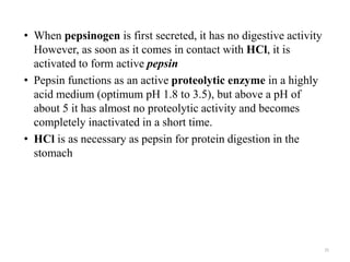 • When pepsinogen is first secreted, it has no digestive activity
However, as soon as it comes in contact with HCl, it is
activated to form active pepsin
• Pepsin functions as an active proteolytic enzyme in a highly
acid medium (optimum pH 1.8 to 3.5), but above a pH of
about 5 it has almost no proteolytic activity and becomes
completely inactivated in a short time.
• HCl is as necessary as pepsin for protein digestion in the
stomach
25
 