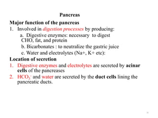 Pancreas
Major function of the pancreas
1. Involved in digestion processes by producing:
a. Digestive enzymes: necessary to digest
CHO, fat, and protein
b. Bicarbonates : to neutralize the gastric juice
c. Water and electrolytes (Na+, K+ etc):
Location of secretion
1. Digestive enzymes and electrolytes are secreted by acinar
cells of the pancreases
2. HCO3
- and water are secreted by the duct cells lining the
pancreatic ducts.
32
 