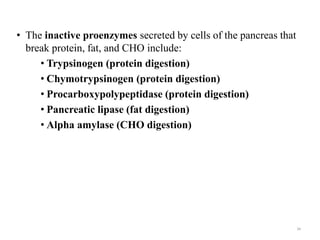 • The inactive proenzymes secreted by cells of the pancreas that
break protein, fat, and CHO include:
• Trypsinogen (protein digestion)
• Chymotrypsinogen (protein digestion)
• Procarboxypolypeptidase (protein digestion)
• Pancreatic lipase (fat digestion)
• Alpha amylase (CHO digestion)
34
 