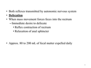 • Both reflexes transmitted by autonomic nervous system
• Defecation
• When mass movement forces feces into the rectrum
–Immediate desire to defecate
• Reflex contraction of rectrum
• Relaxation of anal sphincter
• Approx. 80 to 200 mL of fecal matter expelled daily
80
 