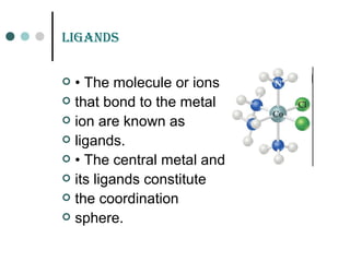 LiGands
 • The molecule or ions
 that bond to the metal
 ion are known as
 ligands.
 • The central metal and
 its ligands constitute
 the coordination
 sphere.
 