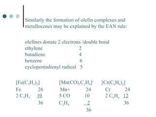 Similarly the formation of olefin complexes and
metallocenes may be explained by the EAN rule:
olefines donate 2 electrons /double bond
ethylene 2
butadiene 4
benzene 6
cyclopentadienyl radical 5
[Fe(C5H5)2] [Mn(CO)5C2H4]+
[Cr(C6H6)2]
Fe 26 Mn+ 24 Cr 24
2 C5H5· 10 5 CO 10 2 C6H6 12
36 C2H4 2 36
36
 
