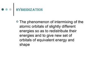 HYBridiZation
 The phenomenon of intermixing of the
atomic orbitals of slightly different
energies so as to redistribute their
energies and to give new set of
orbitals of equivalent energy and
shape
 