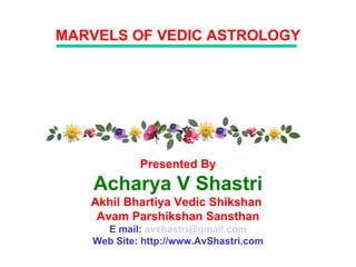 MARVELS OF VEDIC ASTROLOGY Presented By Acharya V Shastri Akhil Bhartiya Vedic Shikshan  Avam Parshikshan Sansthan E mail:  [email_address] Web Site: http://www.AvShastri.com 
