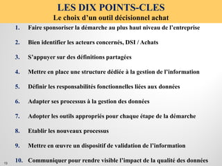 LES DIX POINTS-CLES
Le choix d’un outil décisionnel achat
13
1. Faire sponsoriser la démarche au plus haut niveau de l’entreprise
2. Bien identifier les acteurs concernés, DSI / Achats
3. S’appuyer sur des définitions partagées
4. Mettre en place une structure dédiée à la gestion de l’information
5. Définir les responsabilités fonctionnelles liées aux données
6. Adapter ses processus à la gestion des données
7. Adopter les outils appropriés pour chaque étape de la démarche
8. Etablir les nouveaux processus
9. Mettre en œuvre un dispositif de validation de l’information
10. Communiquer pour rendre visible l’impact de la qualité des données
 