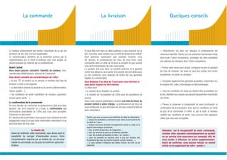 La commande                                                            La livraison                                                   Quelques conseils




Le vendeur professionnel doit vériﬁer l’exactitude de ce qui est   Si vous êtes livré dans un délai supérieur à celui annoncé sur le      > Sélectionnez les sites sur lesquels le professionnel est
annoncé sur son site. Il en est responsable.                       site, vous êtes, dans certains cas, en droit de dénoncer le contrat.   clairement identiﬁé. Sachez qu’une protection harmonisée existe
Le consommateur bénéﬁcie de la protection prévue par la            Sauf précision particulière (par exemple livraison sous                dans toute l’Union européenne : privilégiez les sites possédant
réglementation sur la vente à distance pour tout produit ou        48 heures), le professionnel est tenu de vous livrer votre
                                                                                                                                          une adresse (du vendeur) dans l’Union européenne.
service proposé sur Internet par un professionnel.                 commande dans un délai de 30 jours à compter du jour suivant
                                                                   celui de la transmission de votre commande.
Avant l’achat                                                                                                                             > Prenez votre temps pour choisir. Comparez les prix en ajoutant
                                                                   Le vendeur doit vous livrer un produit conforme et le garantir
Vous devez pouvoir connaître l’identité du vendeur, nom,                                                                                  les frais de livraison, les taxes et, pour les achats hors Union
                                                                   contre tout défaut ou vice caché. Si le produit livré est défectueux
coordonnées téléphoniques, adresse de l’entreprise.                                                                                       européenne, les droits de douanes.
                                                                   ou non conforme, vous disposez de droits liés aux garanties
Vous devez connaître les caractéristiques de l’offre :             légales ou commerciales.
> le prix TTC du produit ou du service, le montant des frais de    Vous disposez d’un délai de 7 jours pour vous rétracter et             > Comparez également les garanties proposées, notamment sur
livraison si celle-ci est payante;                                 vous devez toujours en être informé.                                   le matériel hiﬁ, vidéo, informatique ou électroménager.
> la description précise du produit ou du service (dénomination,   Ce délai court:
nature, qualité…);                                                 > à compter de la réception du produit ;                               > Lisez les conditions de vente qui doivent être accessibles sur
> les conditions de vente (conditions de livraison, garanties,     > à compter de l’acceptation de l’offre pour les prestations de        le site. Attention aux clauses qui peuvent abusivement restreindre
service après-vente…).                                             service.                                                               vos droits.
                                                                   Vous n’avez aucune justiﬁcation à donner. Les frais de retour du
La conﬁrmation de la commande
                                                                   produit restent à votre charge. Le professionnel est tenu de           > Pensez à conserver le récapitulatif de votre commande, la
Si vous décidez de contracter, le professionnel doit vous faire
                                                                   vous rembourser au plus tard dans les 30 jours suivant la date de      conﬁrmation de la transaction ainsi que les conditions de vente
parvenir par écrit (courrier ou e-mail) la conﬁrmation des
                                                                   votre rétractation.                                                    au jour de la commande. En effet, si, par la suite, le vendeur
informations essentielles de l’offre que vous avez acceptée.
Conservez ce document.                                                                                                                    modiﬁe ses conditions de vente, vous pourrez faire appliquer
En l’absence de conﬁrmation, vous pouvez vous rétracter de votre     Sachez que vous ne pouvez pas bénéﬁcier du délai de rétractation :
                                                                                                                                          celles que vous avez acceptées.
engagement jusqu’à ce que cette conﬁrmation intervienne, et au       > lorsqu’une prestation a commencé avec votre accord avant la ﬁn
                                                                     du délai de 7 jours;
plus tard dans les trois mois.                                       > lorsque vous avez descellé l’enregistrement audio ou vidéo ou le
                                                                     logiciel informatique commandé;
                        Le double clic                               > pour la vente de journaux, de magazines…;                            Attention : sur le récapitulatif de votre commande,
  Avant de conﬁrmer votre commande, vous devez avoir la              > pour les services de paris ou de loteries autorisés;
                                                                                                                                            certains sites rajoutent automatiquement un produit
                                                                     > pour les produits périssables ou faits « sur mesure »;
  possibilité de corriger d’éventuelles erreurs. Votre               > pour les produits ou services dont le prix est fonction des          ou un service (une assurance par exemple) aﬁn de
  consentement s’exprime par un double clic : un clic pour           ﬂuctuations des taux du marché ﬁnancier (achat d’actions…);            vous inciter à effectuer un achat supplémentaire.
  valider la commande, un clic pour la conﬁrmer après véri-          > si vous achetez à distance des billets d’avion, de train, ou de      Avant de conﬁrmer, vous pouvez refuser ce nouvel
  ﬁcation.                                                           spectacle.                                                             article en le supprimant de votre « panier ».
 