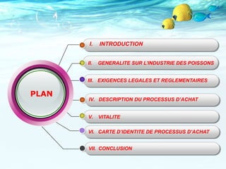 I. INTRODUCTION
II. GENERALITE SUR L’INDUSTRIE DES POISSONS
III. EXIGENCES LEGALES ET REGLEMENTAIRES
IV. DESCRIPTION DU PROCESSUS D’ACHAT
V. VITALITE
PLAN
VI. CARTE D’IDENTITE DE PROCESSUS D’ACHAT
VII. CONCLUSION
 