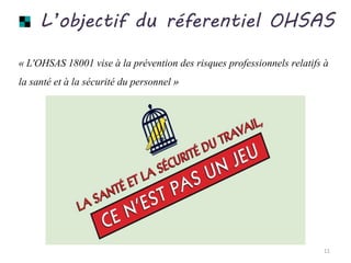 L’objectif du réferentiel OHSAS
« L'OHSAS 18001 vise à la prévention des risques professionnels relatifs à
la santé et à la sécurité du personnel »
11
 