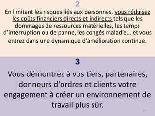 2
En limitant les risques liés aux personnes, vous réduisez
les coûts financiers directs et indirects tels que les
dommages de ressources matérielles, les temps
d’interruption ou de panne, les congés maladie… et vous
entrez dans une dynamique d'amélioration continue.
3
Vous démontrez à vos tiers, partenaires,
donneurs d'ordres et clients votre
engagement à créer un environnement de
travail plus sûr. 13
 