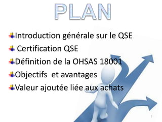 Introduction générale sur le QSE
Certification QSE
Définition de la OHSAS 18001
Objectifs et avantages
Valeur ajoutée liée aux achats
2
 