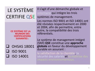 LE SYSTÈME
CERTIFIE QSE
CE SYSTÈME EST LA
REUNION DES
CERTIFICATIONS
SUIVANTES :
 OHSAS 18001
 ISO 9001
 ISO 14001
Il s’agit d’une démarche globale et
volontaire qui intègre les trois
systèmes de management.
Les normes ISO 9001 et ISO 14001 ont
été révisées respectivement en 2000
et 2004, afin de permettre, entre
autre, la compatibilité des trois
référentiels.
Le système de management intégré
(SMI) QSE constitue une approche
globale en faveur du développement
durable en assurant :
la satisfaction de la clientèle, la
sécurité des salariés et la maîtrise des
impacts environnementaux.
6
 