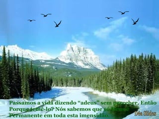 Passamos a vida dizendo “adeus” sem perceber. Então
Porque temê-lo? Nós sabemos que só Deus é
Permanente em toda esta imensidão.
 