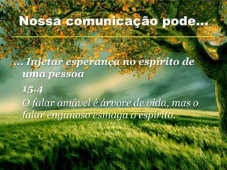 Nossa comunicação pode...


... Injetar esperança no espírito de
   uma pessoa
   15.4
   O falar amável é árvore de vida, mas o
   falar enganoso esmaga o espírito.
 