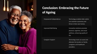 Conclusion: Embracing the Future
of Ageing
Empowered Independence Technology-enabled older adults
can maintain autonomy and
thrive in their own homes.
Improved Well-Being Innovative solutions promote
physical, cognitive, and social
wellness, enhancing quality of
life.
Caregiver Support Technology tools can assist and
alleviate the burden on family
caregivers and healthcare
providers.
 