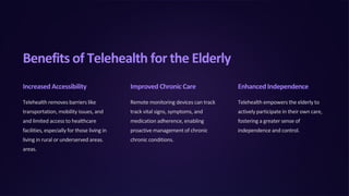 Benefits of Telehealth for the Elderly
Increased Accessibility
Telehealth removes barriers like
transportation, mobility issues, and
and limited access to healthcare
facilities, especially for those living in
living in rural or underserved areas.
areas.
Improved Chronic Care
Remote monitoring devices can track
track vital signs, symptoms, and
medication adherence, enabling
proactive management of chronic
chronic conditions.
EnhancedIndependence
Telehealth empowers the elderly to
actively participate in their own care,
fostering a greater sense of
independence and control.
 
