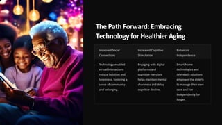 The Path Forward: Embracing
Technology for Healthier Aging
Improved Social
Connections
Increased Cognitive
Stimulation
Enhanced
Independence
Technology-enabled
virtual interactions
reduce isolation and
loneliness, fostering a
sense of community
and belonging.
Engaging with digital
platforms and
cognitive exercises
helps maintain mental
sharpness and delay
cognitive decline.
Smart home
technologies and
telehealth solutions
empower the elderly
to manage their own
care and live
independently for
longer.
 