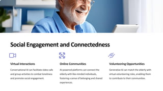 Social Engagement and Connectedness
Virtual Interactions
Conversational AI can facilitate video calls
and group activities to combat loneliness
and promote social engagement.
Online Communities
AI-powered platforms can connect the
elderly with like-minded individuals,
fostering a sense of belonging and shared
experiences.
Volunteering Opportunities
Generative AI can match the elderly with
virtual volunteering roles, enabling them
to contribute to their communities.
 