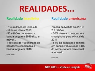 Realidade   brasileira 194 milhões de linhas de celulares ativas 2010; 30 milhões de acesso a banda larga em 2010 (fixo e móvel ). Previsão de 160 milhões de brasileiros conectados a banda larga em 2018. Fonte: Anatel. Realidade   americana Venda de Mobile em 2010: 2,2 bilhões 50% desejam comprar um smartphone para o Natal de 2011 51% da população compra em canais virtuais mas 4,8% do comércio tem este canal adequado Fonte: NRF. REALIDADES... 