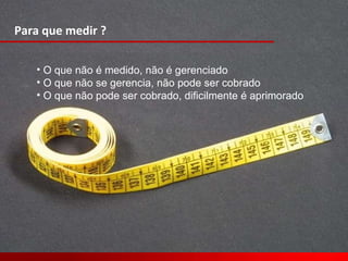 Para que medir ? O que não é medido, não é gerenciado  O que não se gerencia, não pode ser cobrado O que não pode ser cobrado, dificilmente é aprimorado 