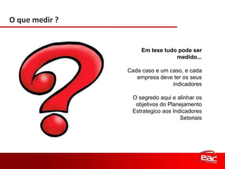Em tese tudo pode ser medido... Cada caso e um caso, e cada empresa deve ter os seus indicadores O segredo aqui e alinhar os objetivos do Planejamento Estrategico aos Indicadores Setoriais O que medir ? 
