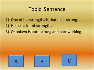 Topic  Sentence One of his strengths is that he is strong. He has a lot of strengths. Okonkwo is both strong and hardworking. A B C 