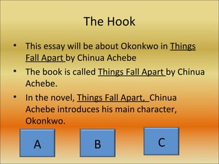 The Hook This essay will be about Okonkwo in  Things Fall Apart  by Chinua Achebe The book is called  Things Fall Apart  by Chinua Achebe. In the novel,  Things Fall Apart,  Chinua Achebe introduces his main character, Okonkwo. A B C 