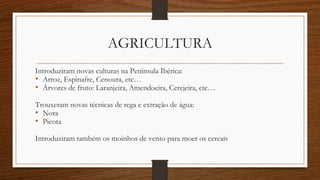 AGRICULTURA
Introduziram novas culturas na Península Ibérica:
• Arroz, Espinafre, Cenoura, etc…
• Árvores de fruto: Laranjeira, Amendoeira, Cerejeira, etc…
Trouxeram novas técnicas de rega e extração de água:
• Nora
• Picota
Introduziram também os moinhos de vento para moer os cereais
 