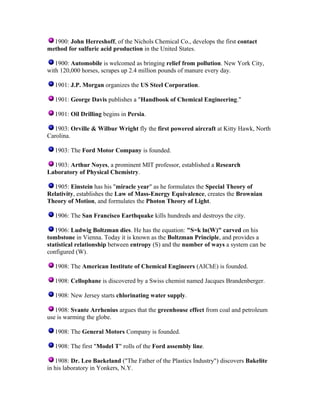 1900: John Herreshoff, of the Nichols Chemical Co., develops the first contact
method for sulfuric acid production in the United States.
1900: Automobile is welcomed as bringing relief from pollution. New York City,
with 120,000 horses, scrapes up 2.4 million pounds of manure every day.
1901: J.P. Morgan organizes the US Steel Corporation.
1901: George Davis publishes a "Handbook of Chemical Engineering."
1901: Oil Drilling begins in Persia.
1903: Orville & Wilbur Wright fly the first powered aircraft at Kitty Hawk, North
Carolina.
1903: The Ford Motor Company is founded.
1903: Arthur Noyes, a prominent MIT professor, established a Research
Laboratory of Physical Chemistry.
1905: Einstein has his "miracle year" as he formulates the Special Theory of
Relativity, establishes the Law of Mass-Energy Equivalence, creates the Brownian
Theory of Motion, and formulates the Photon Theory of Light.
1906: The San Francisco Earthquake kills hundreds and destroys the city.
1906: Ludwig Boltzman dies. He has the equation: "S=k ln(W)" carved on his
tombstone in Vienna. Today it is known as the Boltzman Principle, and provides a
statistical relationship between entropy (S) and the number of ways a system can be
configured (W).
1908: The American Institute of Chemical Engineers (AIChE) is founded.
1908: Cellophane is discovered by a Swiss chemist named Jacques Brandenberger.
1908: New Jersey starts chlorinating water supply.
1908: Svante Arrhenius argues that the greenhouse effect from coal and petroleum
use is warming the globe.
1908: The General Motors Company is founded.
1908: The first "Model T" rolls of the Ford assembly line.
1908: Dr. Leo Baekeland ("The Father of the Plastics Industry") discovers Bakelite
in his laboratory in Yonkers, N.Y.

 