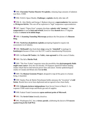 1986: Chernobyl Nuclear Reactor #4 explodes, releasing large amounts of radiation
near Kiev, USSR.
1986: NASA's Space Shuttle, Challenger, explodes shortly after take off.
1986: K. Alex Muller and George J. Bednorz discover a superconductor that operates
at 30 degrees Kelvin. This sets off an explosion in "high" temperature superconductors.
1987: Japan's "Nipon Zeon" company develops a plastic with "memory". At low
temperatures it can be bent and twisted, however when heated above 37 degrees
Celsius it returns to its initial shape.
1988: A Scanning Tunneling Microscope produces the first picture of a Benzene
Ring.
1988: North Sea oil platform explodes prompting England to require risk
assessments in oil industry.
1988: McDonald's fast food chain stops using the "clamshell" to package its
hamburgers because of fears over the CFC's used in manufacturing Polystyrene.
1989: An Exxon Oil Tanker, the Valdez, runs aground in of the coast of Alaska.
1989: The fall of Berlin Wall.
1989: "The New Yorker" magazine raises the possibility that electromagnetic fields
might cause cancer. Over the next decade, US taxpayers spend $25 billion funding
studies which find no link between power lines and cancer. Similar epidemiological
studies in Canada and Britain also find no link.
1989: The Human Geonome Project, designed to map all the genes in a human
being, is launched.
1989: Stanley Pons & Martin Fleischmann boldly announce the "invention" of cold
fusion. Results have never been duplicated and are agreed to have been faulty.
1990: Lithuania declares independence from Soviet Union in March 11. As
response USSR sends troops and blocks gas and oil supplies.
1990: Federal Trade Commission opens antitrust probe of Microsoft.
1991: The Soviet Union formally dissolves.
1991: Washington D.C. has a victory parade, celebrating the decisive US success
against Iraq in the Gulf War.

 