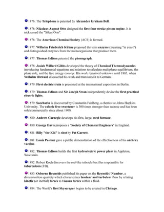 1876: The Telephone is patented by Alexander Graham Bell.
1876: Nikolaus August Otto designed the first four stroke piston engine. It is
nicknamed the "Silent Otto".
1876: The American Chemical Society (ACS) is formed.
1877: Wilhelm Friederich Kühne proposed the term enzyme (meaning "in yeast")
and distinguished enzymes from the microorganisms that produce them.
1877: Thomas Edison patented the phonograph.
1878: Josiah Willard Gibbs developed the theory of Chemical Thermodynamics
introducing fundamental equations and relations to calculate multiphase equilibrium, the
phase rule, and the free energy concept. His work remained unknown until 1883, when
Wilhelm Ostwald discovered his work and translated it to German.
1879: First electric train is presented at the international exposition in Berlin.
1879: Thomas Edison and Sir Joseph Swan independently devise the first practical
electric lights.
1879: Saccharin is discovered by Constantin Fahlberg, a chemist at Johns Hopkins
University. The calorie free sweetener is 300 times stronger than sucrose and has been
sold commercially since about 1900.
1880: Andrew Carnegie develops his first, large, steel furnace.
1880: George Davis proposes a "Society of Chemical Engineers" in England.
1881: Billy "the Kid" is shot by Pat Garrett.
1881: Louis Pasteur gave a public demonstration of the effectiveness of his anthrax
vaccine.
1882: Thomas Edison builds the first hydroelectric power plant in Appleton,
Wisconsin.
1882: Robert Koch discovers the rod-like tubercle bacillus responsible for
tuberculosis (TB).
1883: Osborne Reynolds published his paper on the Reynolds' Number, a
dimensionless quantity which characterizes laminar and turbulent flow by relating
kinetic (or inertial) forces to viscous forces within a fluid.
1884: The World's first Skyscraper begins to be erected in Chicago.

 