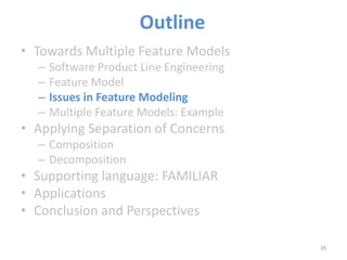 Outline
• Towards Multiple Feature Models
  –   Software Product Line Engineering
  –   Feature Model
  –   Issues in Feat...