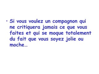 Si vous voulez un compagnon qui ne critiquera jamais ce que vous faites et qui se moque totalement du fait que vous soyez jolie ou moche… 
