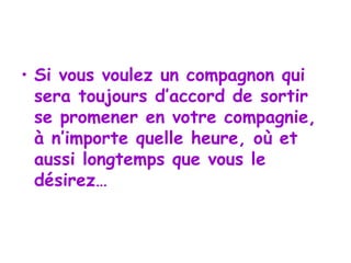 Si vous voulez un compagnon qui sera toujours d’accord de sortir se promener en votre compagnie, à n’importe quelle heure, où et aussi longtemps que vous le désirez… 