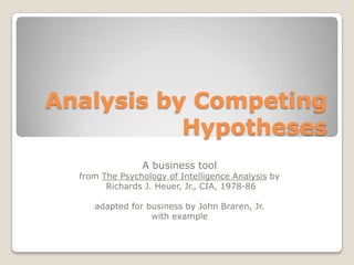 Analysis by Competing
           Hypotheses
                A business tool
  from The Psychology of Intelligence Analysis by
        Richards J. Heuer, Jr., CIA, 1978-86

     adapted for business by John Braren, Jr.
                  with example
 