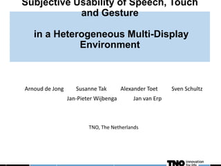 Subjective Usability of Speech, Touch
            and Gesture

   in a Heterogeneous Multi-Display
             Environment



Arnoud de Jong      Susanne Tak        Alexander Toet    Sven Schultz
                 Jan-Pieter Wijbenga       Jan van Erp



                         TNO, The Netherlands
 