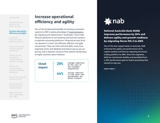 6
6
National Australia Bank (NAB)
improves performance by 30% and
delivers agility and growth readiness
by migrating Murex MX.3 to AWS
One of the four largest banks in Australia, NAB
enhanced the agility and performance of its
capital markets activities by migrating the Murex
trading platform to AWS. Since the migration,
NAB has maintained stability and benefited from
a 30% performance gain on batch processing that
started on day one.
Learn more ›
Increase operational
efficiency and agility
One of the fundamental benefits of moving on-premises
systems to AWS is taking advantage of cloud economics.
By migrating and modernizing IT workloads—from trade
lifecycle platforms to core banking and insurance systems
to payment processing platforms—financial services firms
can operate in a more cost-effective, efficient, and agile
environment. They can retire technical debt, move from
expensive server and database licensing to pay-as-you-go
pricing, and re-allocate resources from system maintenance
to higher business value initiatives.
Cloud
impact
29% average reduction
in the cost of
new customer
acquisition4
44% average reduction
in time spent with
spreadsheets and
manual analysis4
Introduction
Financial services
build for the
future on AWS
Accelerate
innovation and
speed-to-market
Deliver frictionless
and personalized
experiences
Enable security,
compliance,
and operational
resilience at scale
Reduce the
environmental
impact of business
operations
Best practices to
accelerate cloud
transformation
Move faster and
more confidently
with AWS
Increase operational
efficiency and agility
Explore the potential
of generative AI
 