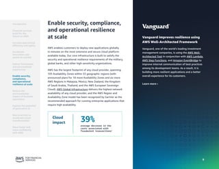 9
9
Enable security, compliance,
and operational resilience
at scale
AWS enables customers to deploy new applications globally
in minutes on the most extensive and secure cloud platform
available today. Our core infrastructure is built to satisfy the
security and operational resilience requirements of the military,
global banks, and other high-sensitivity organizations.
AWS has the largest footprint of any cloud provider, spanning
105 Availability Zones within 33 geographic regions (with
announced plans for 18 more Availability Zones and six more
AWS Regions in Malaysia, Mexico, New Zealand, the Kingdom
of Saudi Arabia, Thailand, and the AWS European Sovereign
Cloud). AWS Global Infrastructure delivers the highest network
availability of any cloud provider, and the AWS Region and
Availability Zone model has been recognized by Gartner as the
recommended approach for running enterprise applications that
require high availability.
Cloud
impact 39%
average decrease in the
costs associated with
fraudulent transactions4
Vanguard improves resilience using
AWS Well-Architected Framework
Vanguard, one of the world’s leading investment
management companies, is using the AWS Well-
Architected Tool in conjunction with AWS Lambda,
AWS Step Functions, and Amazon EventBridge to
improve internal communication of best practices
among its development teams. As a result, it is
building more resilient applications and a better
overall experience for its customers.
Learn more ›
Introduction
Financial services
build for the
future on AWS
Accelerate
innovation and
speed-to-market
Deliver frictionless
and personalized
experiences
Enable security,
compliance,
and operational
resilience at scale
Reduce the
environmental
impact of business
operations
Best practices to
accelerate cloud
transformation
Move faster and
more confidently
with AWS
Increase operational
efficiency and agility
Explore the potential
of generative AI
 
