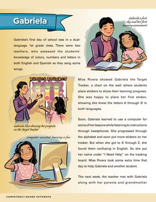 Gabriela’s first day of school was in a dual-
language 1st grade class. There were two
teachers, who assessed the students’
knowledge of colors, numbers and letters in
both English and Spanish as they sang some
songs.
Miss Rivera showed Gabriela the Target
Tracker, a chart on the wall where students
place stickers to show their learning progress.
She was happy to place her first sticker,
showing she knew the letters A through D in
both languages.
Soon, Gabriela learned to use a computer for
someofherlessonswhilelisteningtoinstructions
through headphones. She progressed through
the alphabet and soon put more stickers on her
tracker. But when she got to X through Z, she
found them confusing in English. So she put
her name under “I Need Help” on the tracking
board. Miss Rivera took some extra time that
day to help Gabriela and another student.
The next week, the teacher met with Gabriela
along with her parents and grandmother
Gabriela
Computer-assisted learning is fun
C o m p e t e n c y- B a s e d Pat h way s
Gabriela's first
day and her first
learning assessment
Gabriela likes showing her progress
on the Target Tracker
 