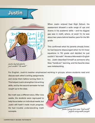 Justin
C o m p e t e n c y- B a s e d Pat h way s
When Justin entered East High School, his
assessment showed a wide range of ups and
downs in his academic skills – and his biggest
gap was in math, where, at Level 13, he was
about two years behind teacher pace for the 9th
grade.
This confirmed what his parents already knew:
he had become discouraged when he hit linear
equations in 7th grade and decided he just
couldn’t“domath.” HewasalittleweakinEnglish
too. Justin described himself as someone who
likes “hands-on” learning, and his favorite class
was metalworking.
For English, Justin’s teacher emphasized working in groups, where students read and
discuss each other’s writing assignments
and revise them before turning them in.
Thishelped Justin strengthen his writing
skills, and by the second semester he had
caught up to the class.
But math was a different story. After nine
weeks, the students were regrouped to
help focus better on individual needs, but
Justin still hadn’t made much progress.
He had trouble understanding math
concepts.
Justin had decided he
just couldn't "do math"
Justin's group tries some "real world"
projects using math concepts
 
