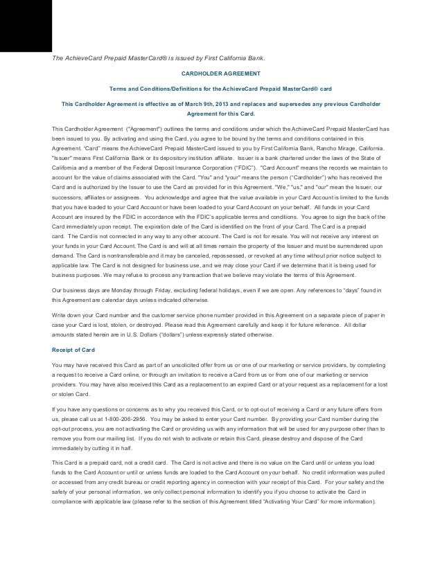 cardholder agreement for achievecard prepaid mastercard achieve card