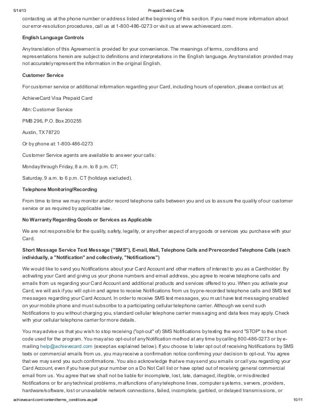 achievecard prepaid visa card cardholder agreement achieve card