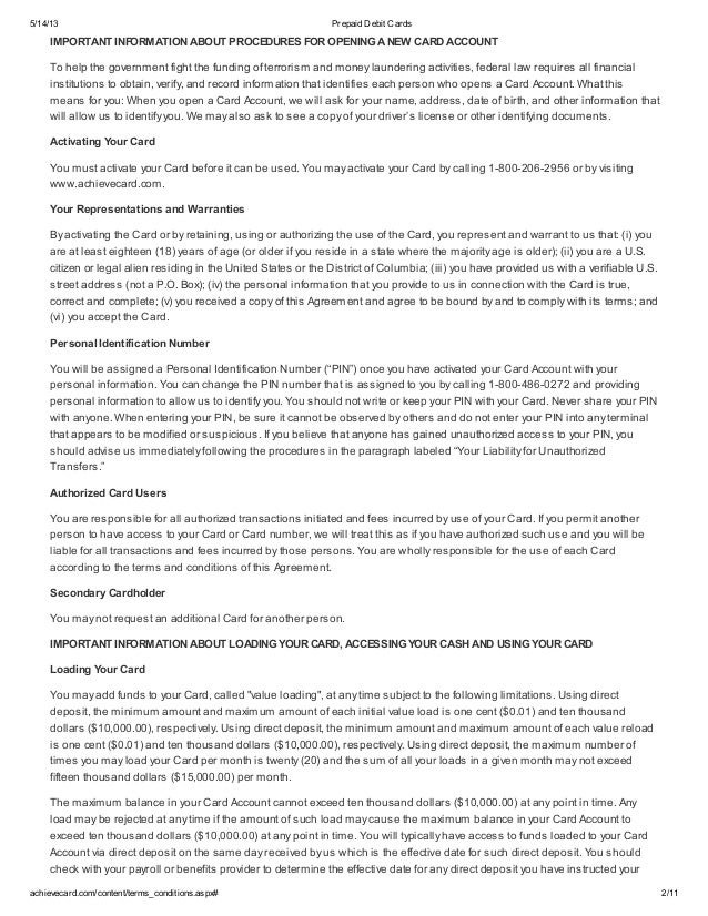 achievecard prepaid visa card cardholder agreement achieve card