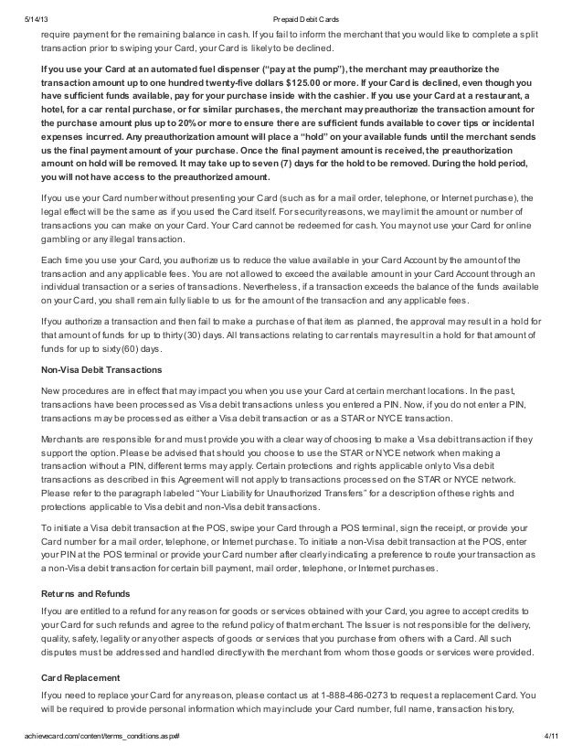 achievecard prepaid visa card cardholder agreement achieve card