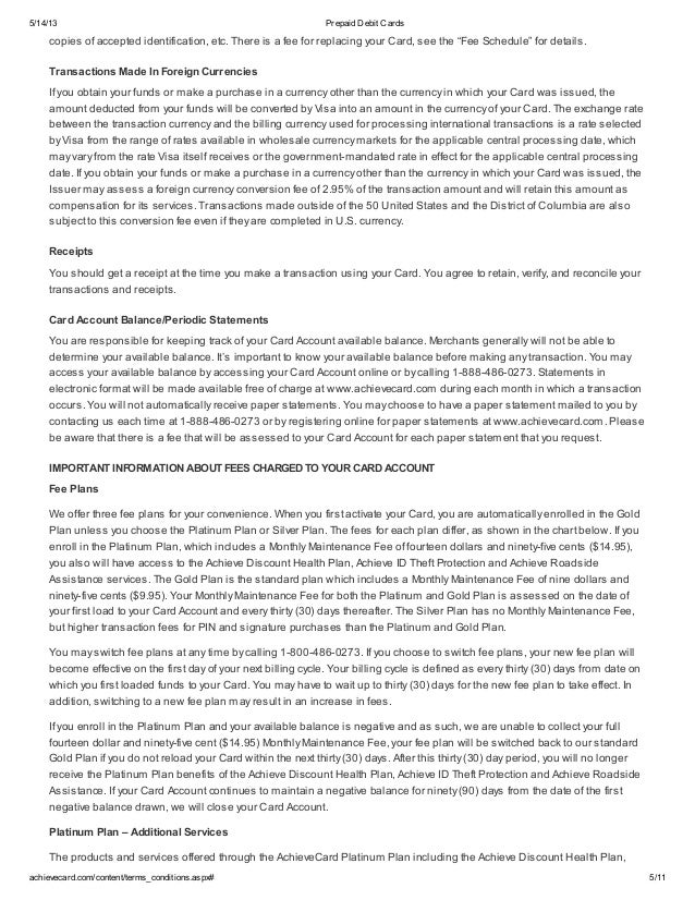 achievecard prepaid visa card cardholder agreement achieve card