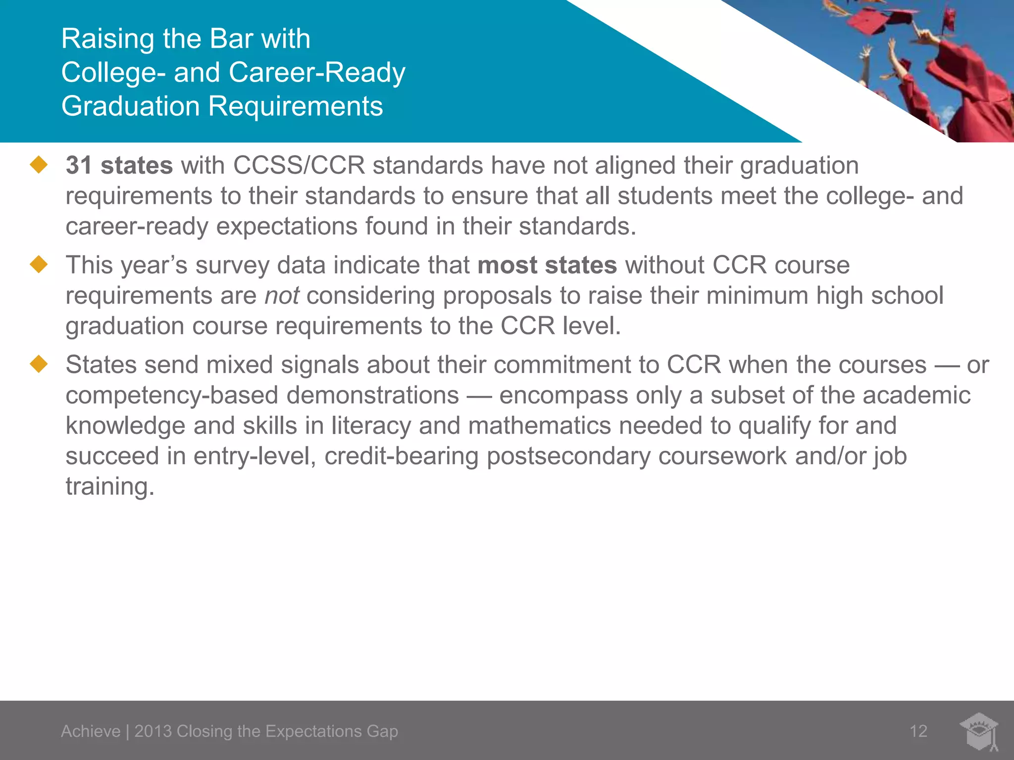 Raising the Bar with 
College- and Career-Ready 
Graduation Requirements 
 31 states with CCSS/CCR standards have not aligned their graduation 
requirements to their standards to ensure that all students meet the college- and 
career-ready expectations found in their standards. 
 This year’s survey data indicate that most states without CCR course 
requirements are not considering proposals to raise their minimum high school 
graduation course requirements to the CCR level. 
 States send mixed signals about their commitment to CCR when the courses — or 
competency-based demonstrations — encompass only a subset of the academic 
knowledge and skills in literacy and mathematics needed to qualify for and 
succeed in entry-level, credit-bearing postsecondary coursework and/or job 
training. 
Achieve | 2013 Closing the Expectations Gap 12 
 