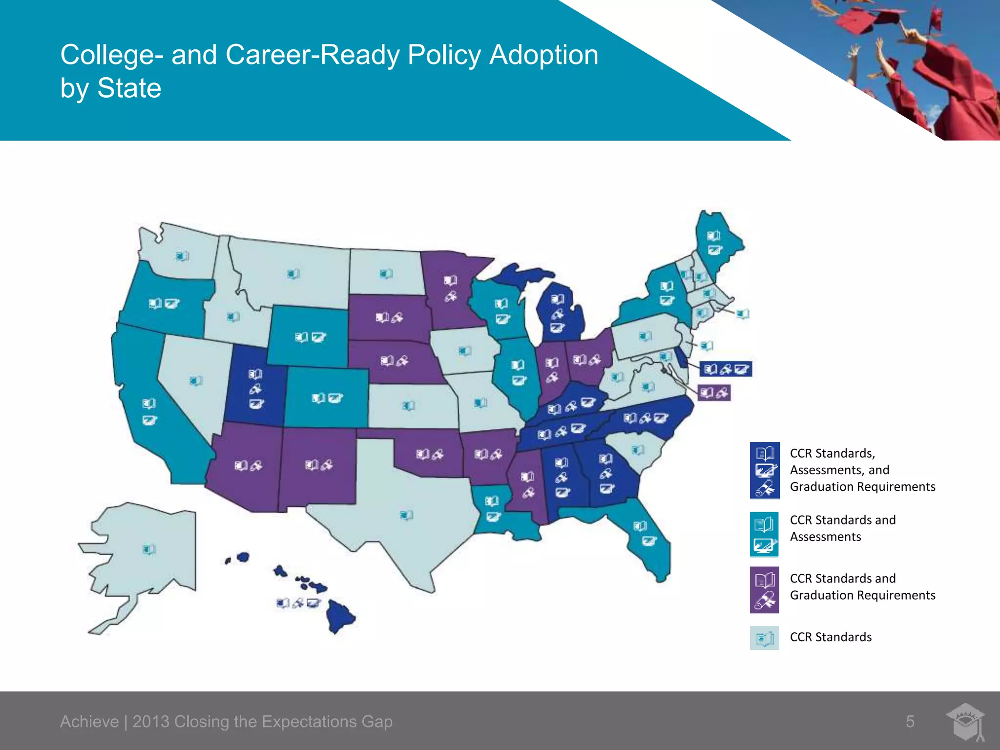College- and Career-Ready Policy Adoption 
by State 
CCR Standards, 
Assessments, and 
Graduation Requirements 
5 
CCR Standards and 
Assessments 
CCR Standards and 
Graduation Requirements 
CCR Standards 
Achieve | 2013 Closing the Expectations Gap 
 