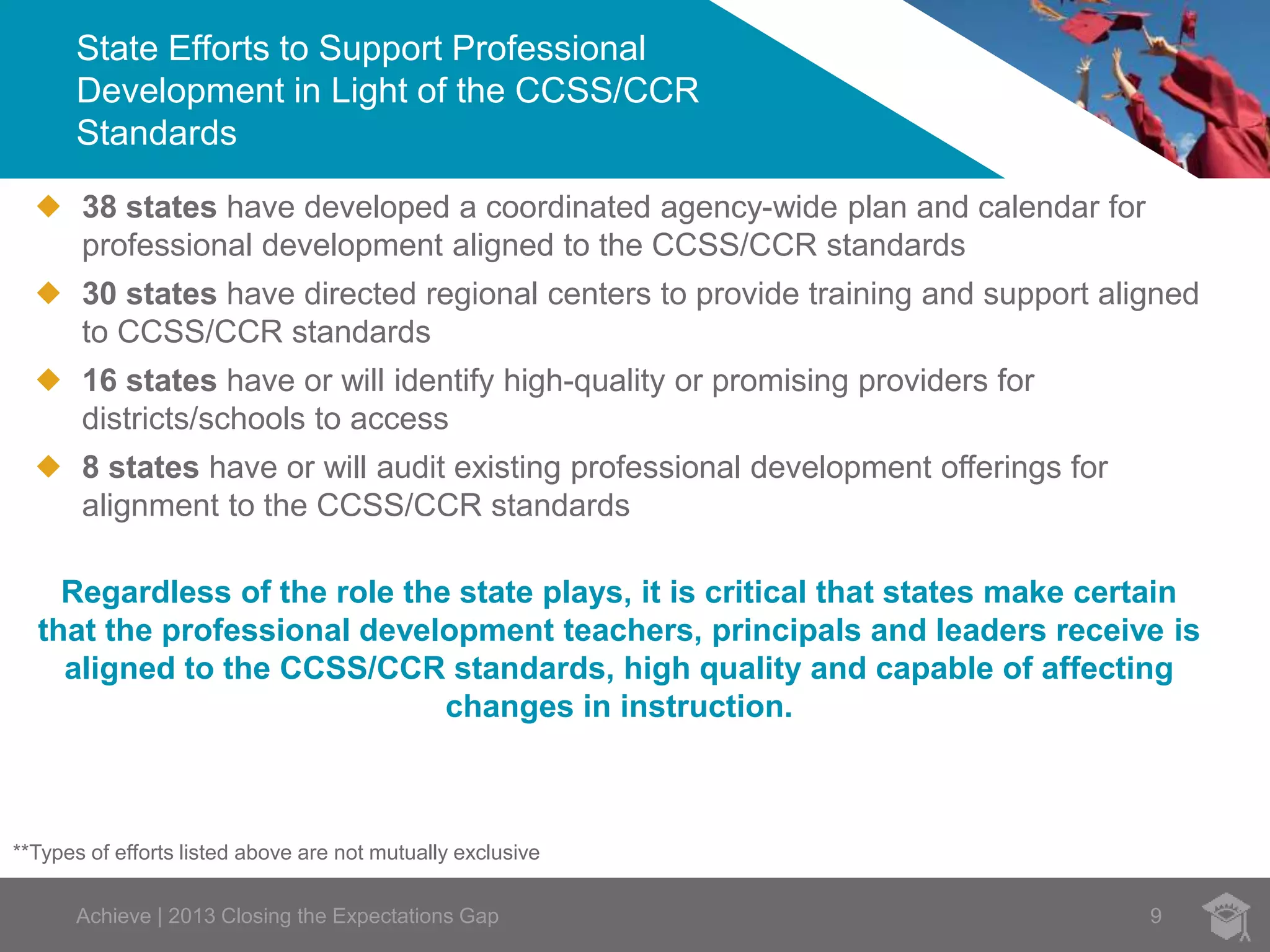 State Efforts to Support Professional 
Development in Light of the CCSS/CCR 
Standards 
 38 states have developed a coordinated agency-wide plan and calendar for 
professional development aligned to the CCSS/CCR standards 
 30 states have directed regional centers to provide training and support aligned 
to CCSS/CCR standards 
 16 states have or will identify high-quality or promising providers for 
districts/schools to access 
 8 states have or will audit existing professional development offerings for 
alignment to the CCSS/CCR standards 
Regardless of the role the state plays, it is critical that states make certain 
that the professional development teachers, principals and leaders receive is 
aligned to the CCSS/CCR standards, high quality and capable of affecting 
changes in instruction. 
**Types of efforts listed above are not mutually exclusive 
Achieve | 2013 Closing the Expectations Gap 9 
 