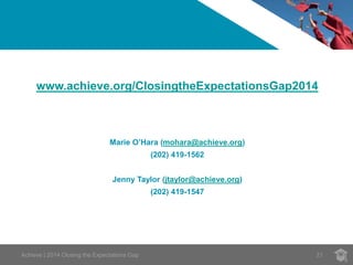 21
www.achieve.org/ClosingtheExpectationsGap2014
Marie O’Hara (mohara@achieve.org)
(202) 419-1562
Jenny Taylor (jtaylor@achieve.org)
(202) 419-1547
Achieve | 2014 Closing the Expectations Gap
 