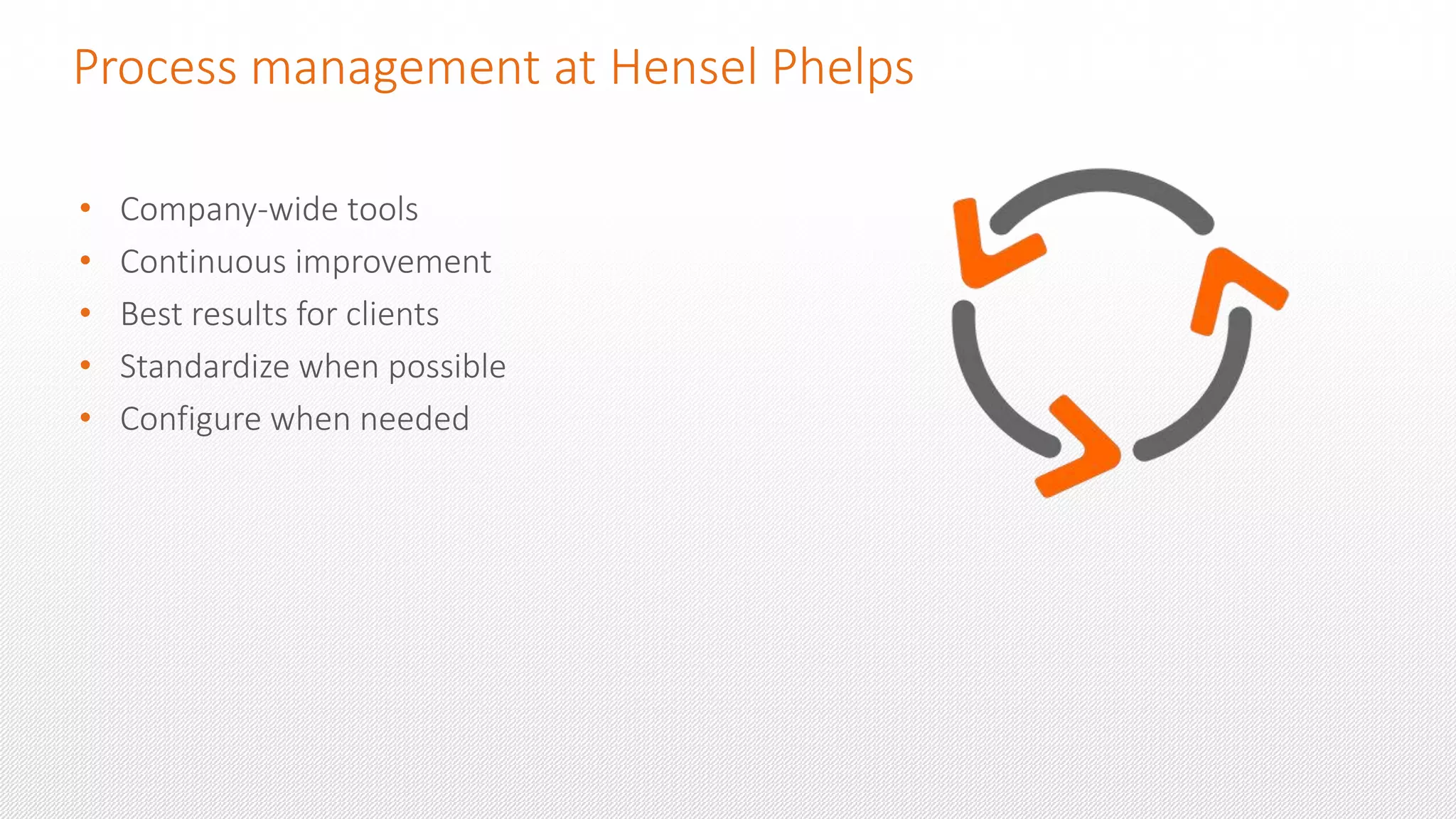 Process management at Hensel Phelps
• Company-wide tools
• Continuous improvement
• Best results for clients
• Standardize when possible
• Configure when needed
 